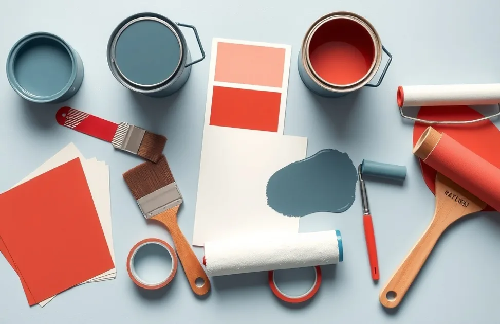 Pots de peinture, nuancier, brosses et rouleaux disposés à plat