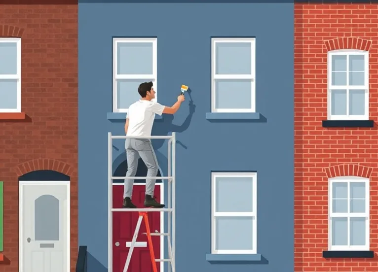 Peintre sur échafaudage traitant la façade d'une maison